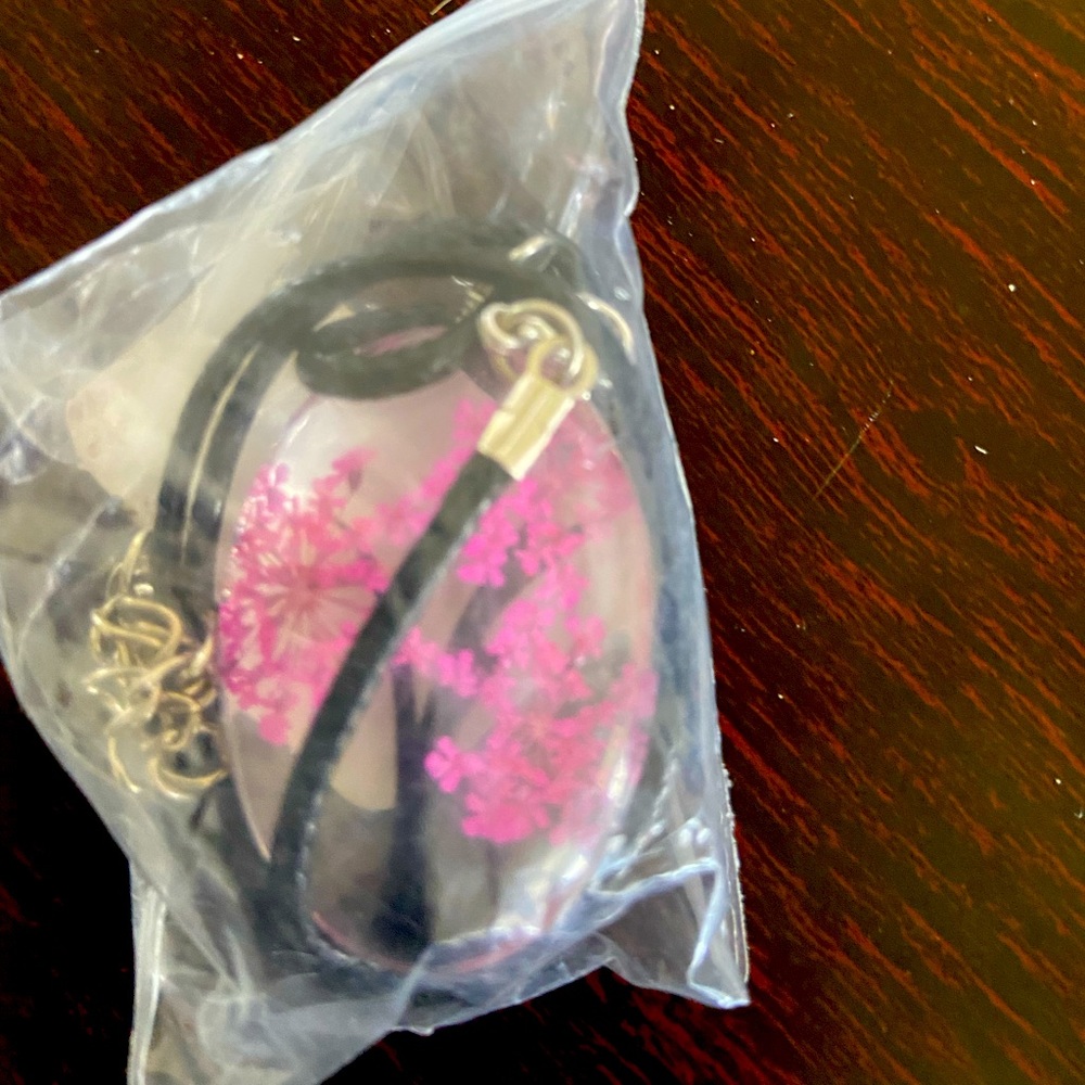 Pink tree in glass pendant necklace